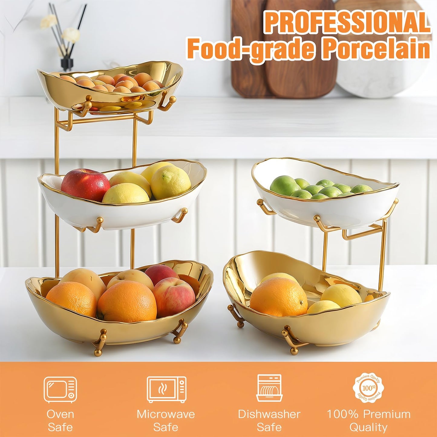 HOMKULA Ceramic Fruit Bowl for Kitchen Counter - 3 Tier Fruit Basket with Metal Stand, Tiered Fruit Stand for Countertop, Snack, Nuts, Cake, Dessert, Small & Cute (Gold & White,Small) 2