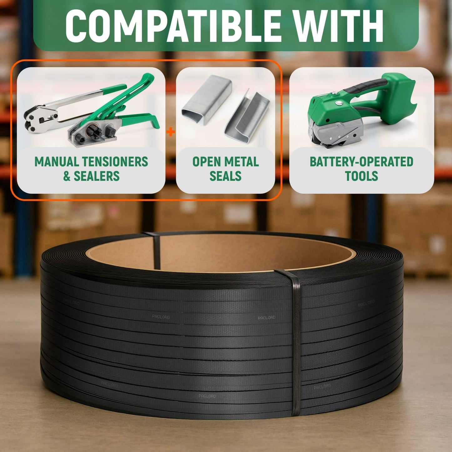 Paclord 1/2" x 7200' Heavy-Duty Polypropylene (PP) Strapping Coil - 0.031" Thick Banding Strap, 16" x 6" Core, 600 lbs Break Strength, Black - for Bundling and Packaging - Flexible, Weather Resistant