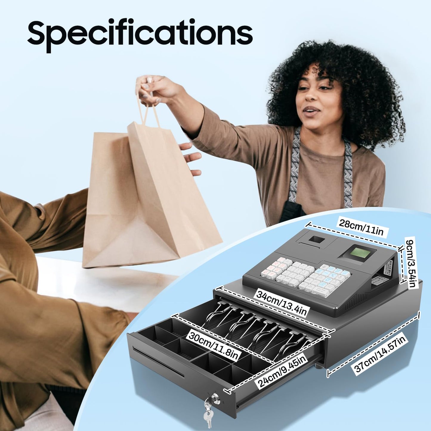 39 Keys Cash Registers with Locked Cash Drawer, Electronic Cashs Register for Small Businesses, 8 Digits LED Cash Register for Catering, Supermarkets, Clothing Stores, Hamburger Stores