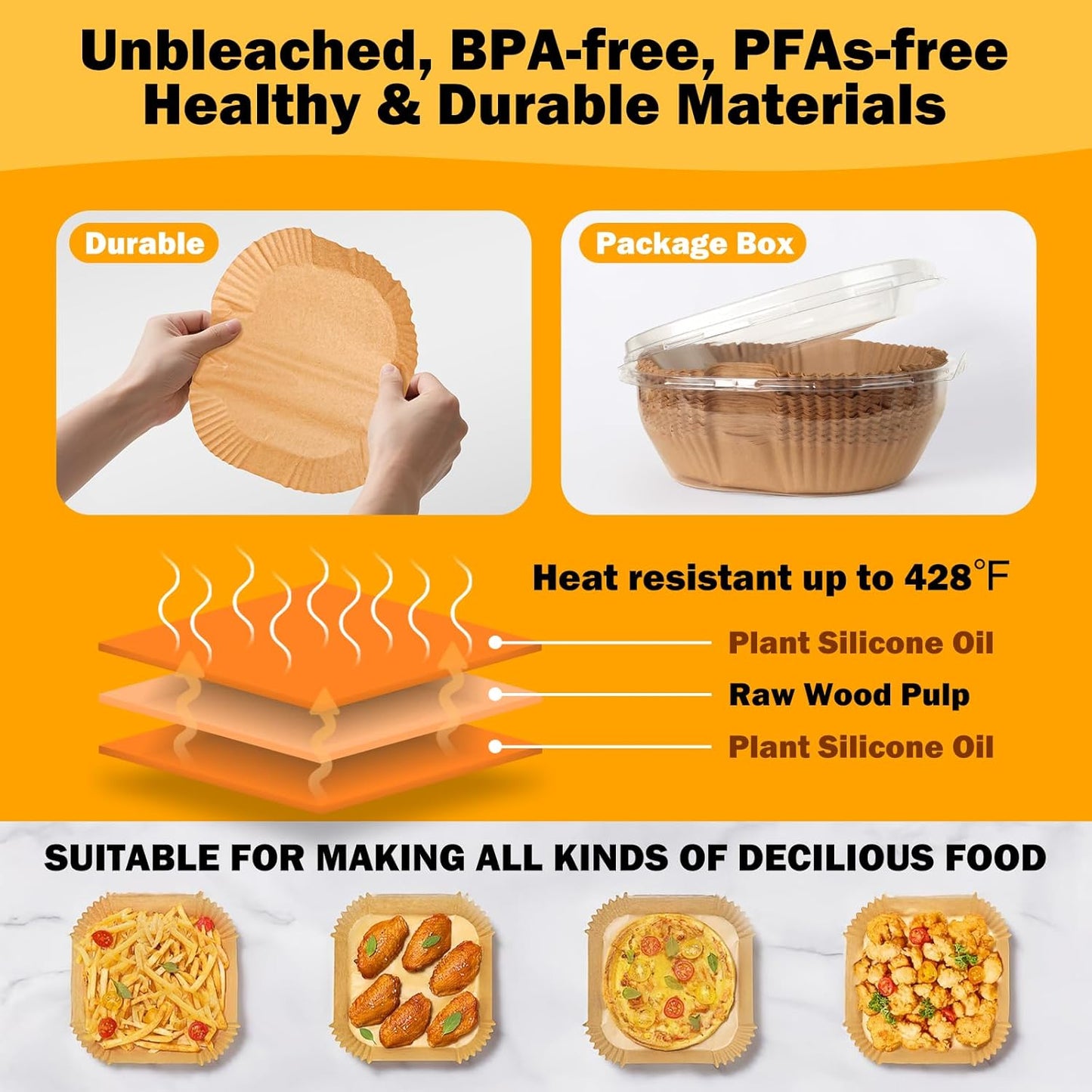 Skiennix Air Fryer Paper Liners - 375 Pcs Heavy-Duty Non-Stick Parchment for 5-8 Qt Air Fryers | 8" Square Size