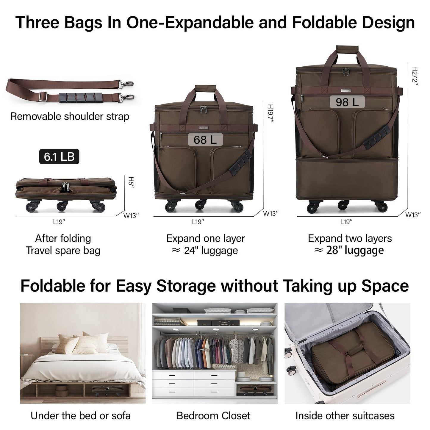 Hanke Expandable Collapsible Luggage with Wheels Suitcase, Rolling Travel Bag, Duffel Garment Tote Bag for Men Women, Lightweight Suitcase, Large Capacity Luggage with Spinner Wheel (Coffee)
