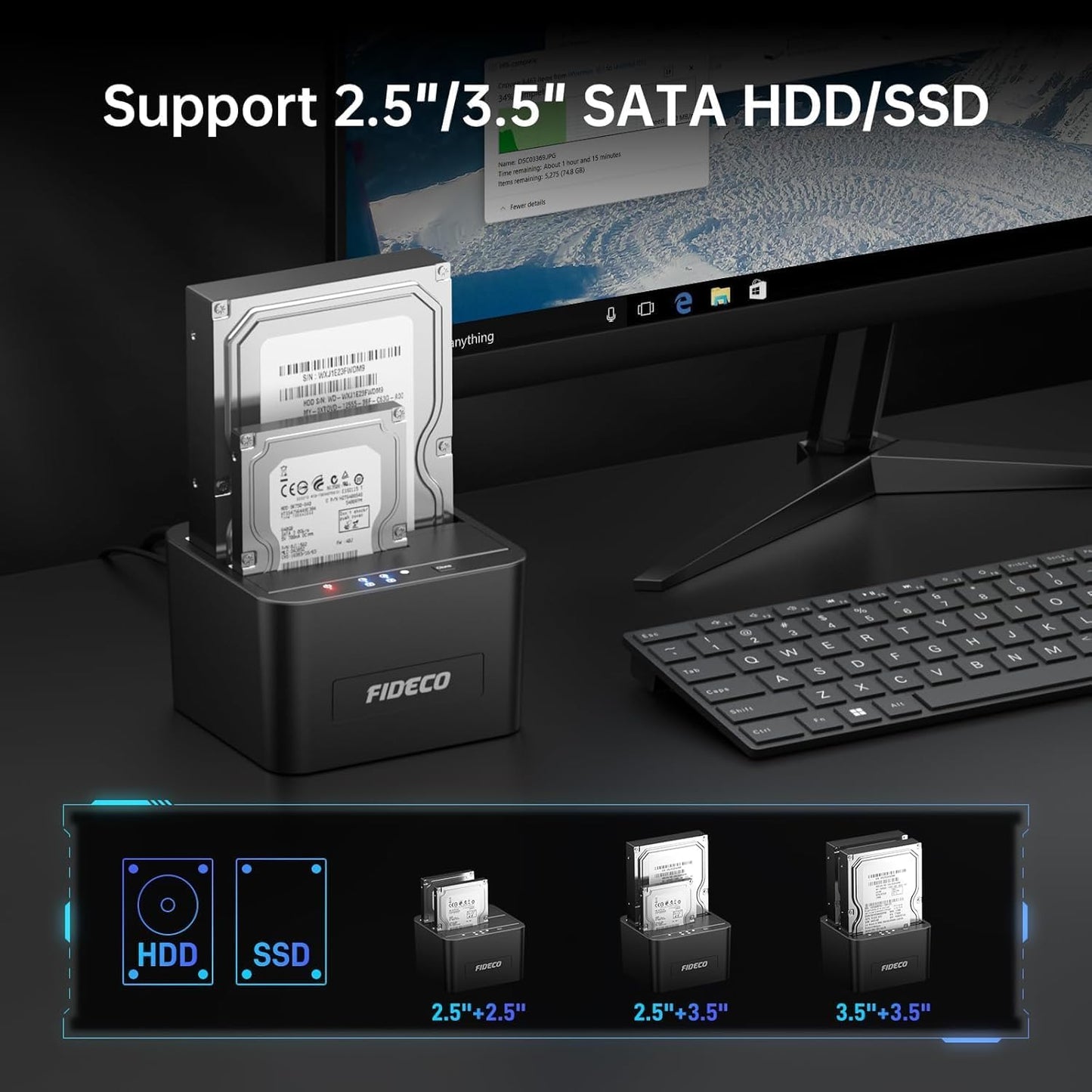 FIDECO 2.5 3.5 inch 3.0 External Hard Drive Docking Station, Hard Drive Dock for and SATA HDD SSD, HDD Docking Station