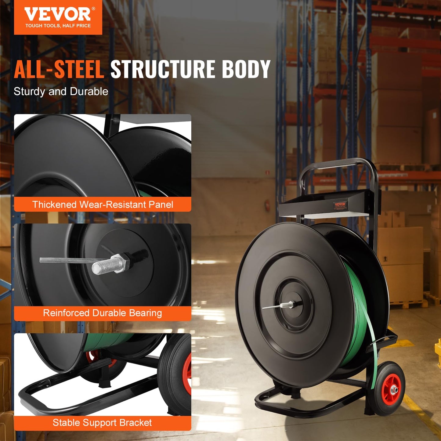 VEVOR Banding Strapping Cart, for PET/PP/Fiber Strapping Coils with 8" or 16" Core Size, Heavy Duty Strapping Dispenser, Equipped with Anti-Retreat Pulleys, Upgrade Brake System, Spacious Tray
