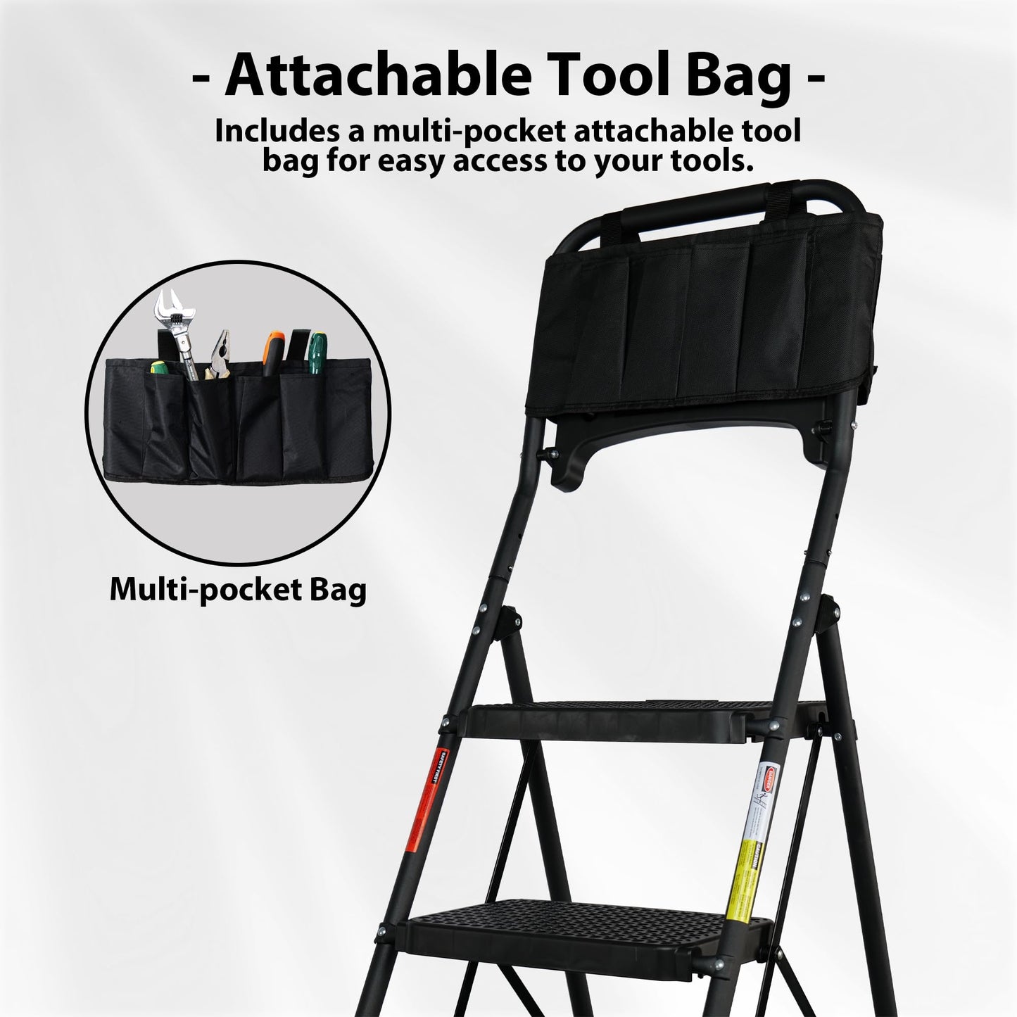 BONTEC 5-Step Ladder, 400lbs Max Load, Folding Step Stool with Tool Tray, Tool Bag, Handrails, Wide Anti-Slip Pedals, Sturdy Steel Ladder for Household & Work Use, Black