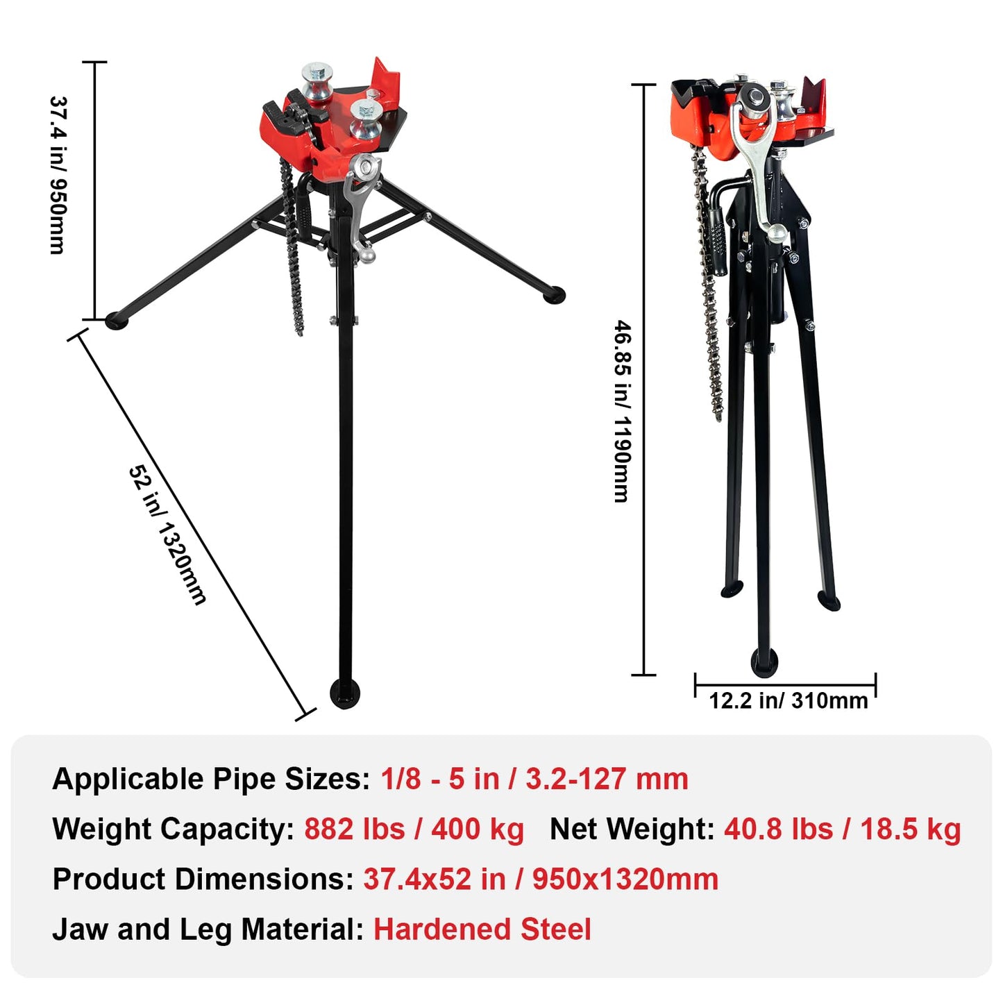 ALWALKEE Pipe Vise Stand with Chain, 2-in-1 Bender, 882LB Capacity, Folding Tripod for 1/8"-5" Pipes