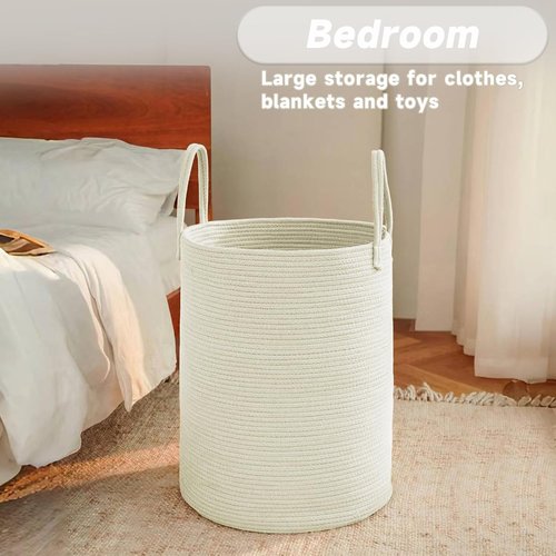 JMvicyroam Large Woven Laundry Basket - 60L Cotton Rope Storage Bin for Blankets, Toys & Clothes | White