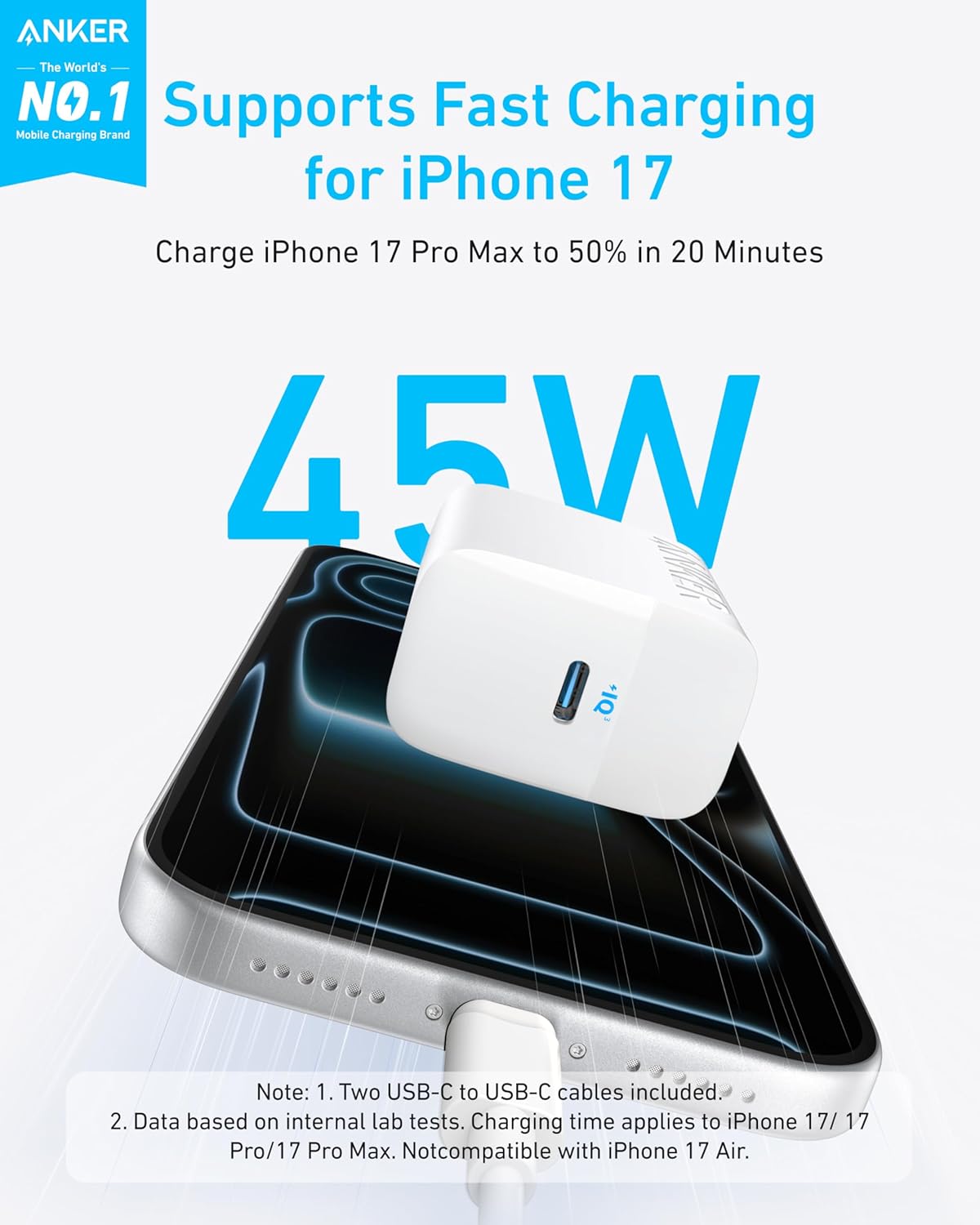 Anker 45W 17/16 S24 (2-Pack 5 USB C Charger Block, PPS Fast Charger with USB-C Cable for iPhone and More Series, iPad
