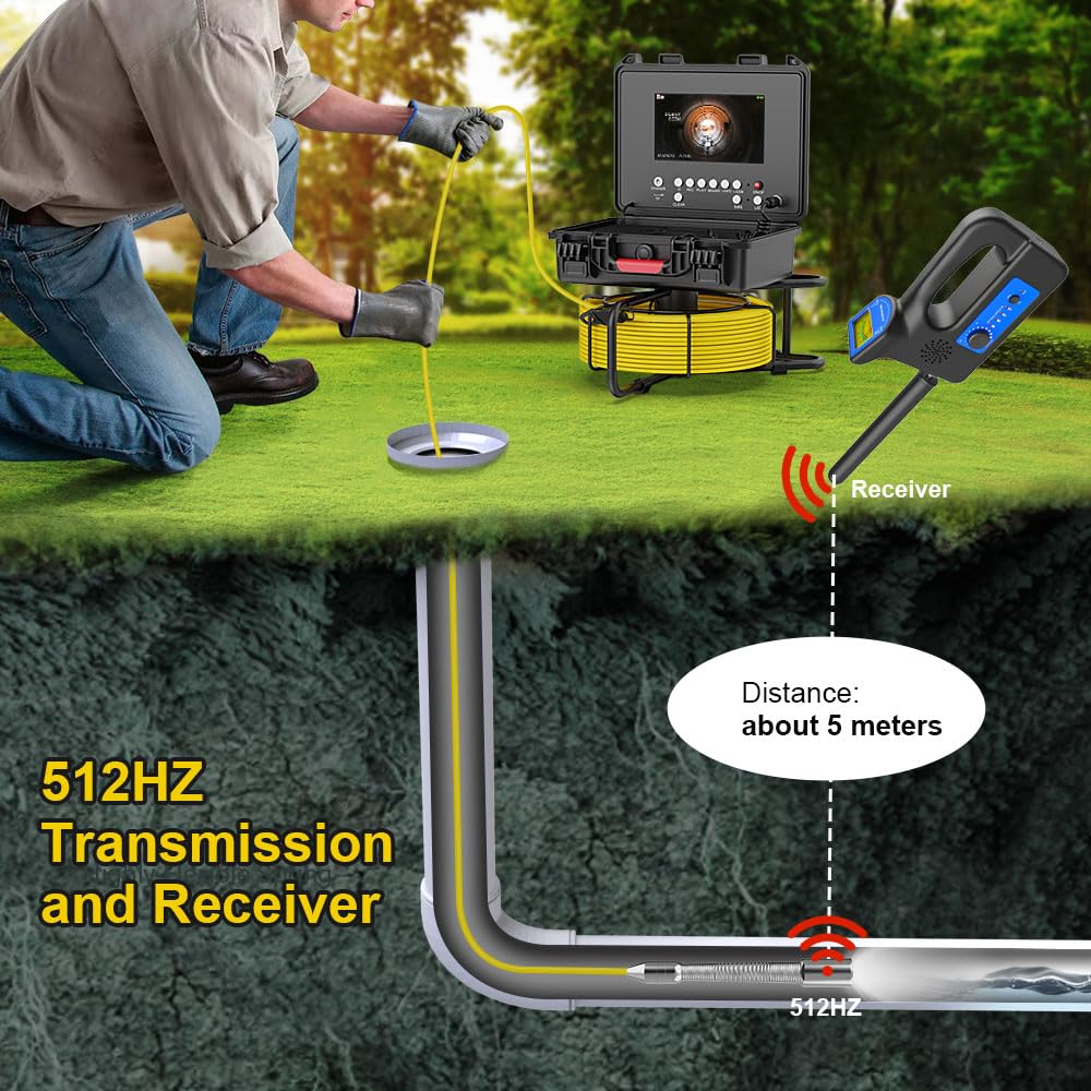 SYOWNFS Sewer Camera with 512Hz Sonde Self-Leveling, Pipe Inspection Camera with DVR Recorder, Endoscope with 12pcs LED Lights for Plumbing, 100ft/30m (16GB SD Card Included)