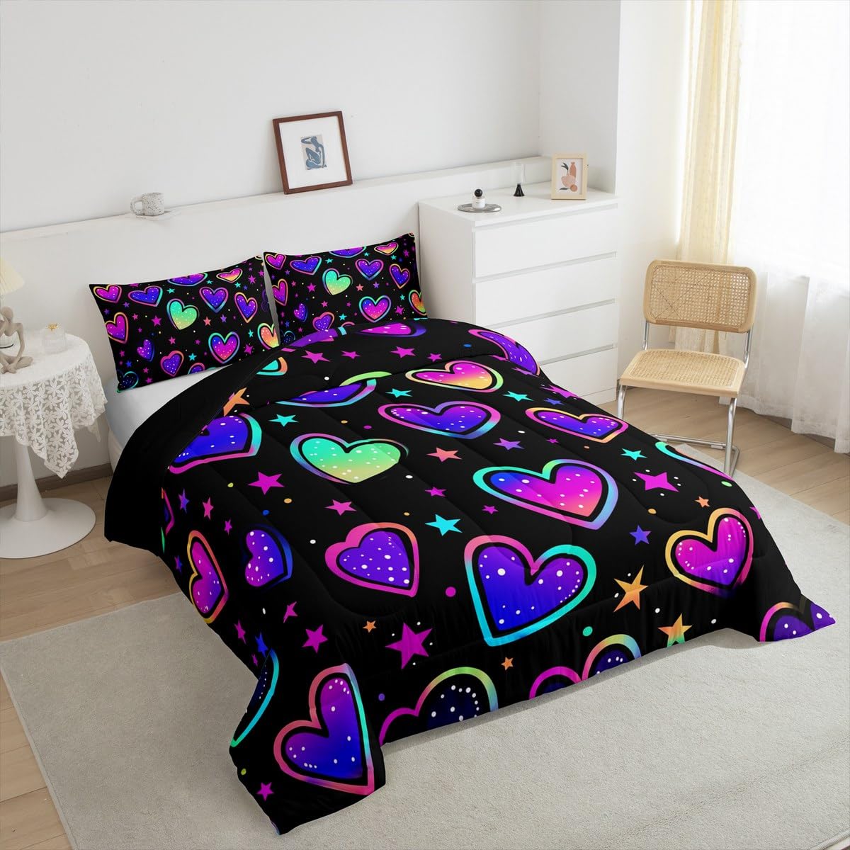 Erosebridal Neon Hearts Bedding Twin Rainbow Love Heart Comforter Set for Girls, Psychedelic Galaxy Duvet Insert Gradient Glowing Stars Down Comforter, Black Girly Bedding Comforter Sets Lightweight