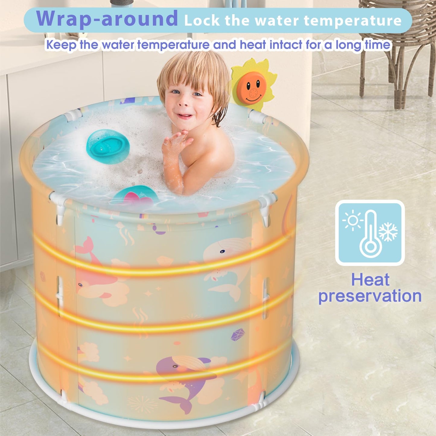 Portable Bathtub, Foldable Bathtub for Kids, Boys and Girls, Therapy Tub for Shower Stall Bathroom Fold Up Japanese Soaking Hot SPA Bath Tub, Outside Ice Bath 21.65''x23.62''(Ocean World Blue)