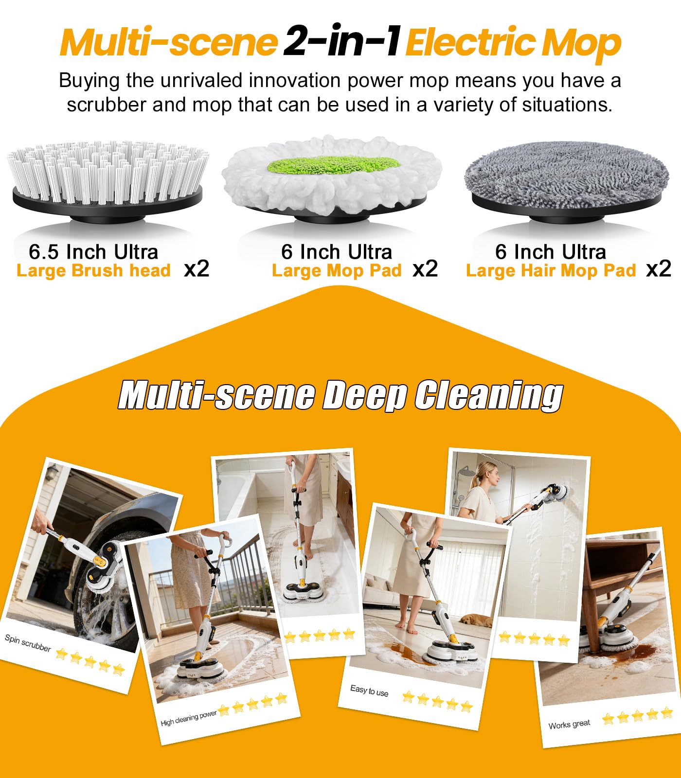 qimedo Battery Electric Mop M3, 800RPM Cordless Electric Power Scrubber & Mops for Floor Cleaning, Best Automatic Spin Mops with Smart Display,Rotating Mop with LED Light & Water Spray