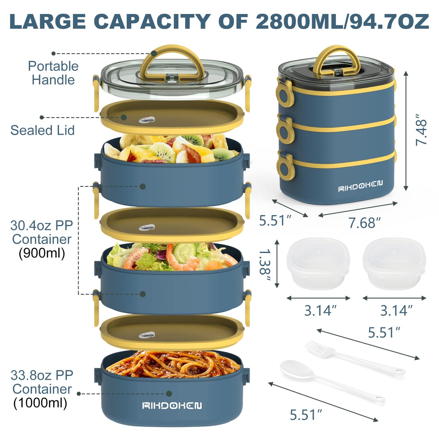 RIKDOKEN Lunch Box, Stackable 3 Layers Containers, Portable 94OZ Large Capacity Leakproof Bento Box with Spoon & Fork & Sauce Boxes, Microwave Safe Lunch Box for Kids and Adults