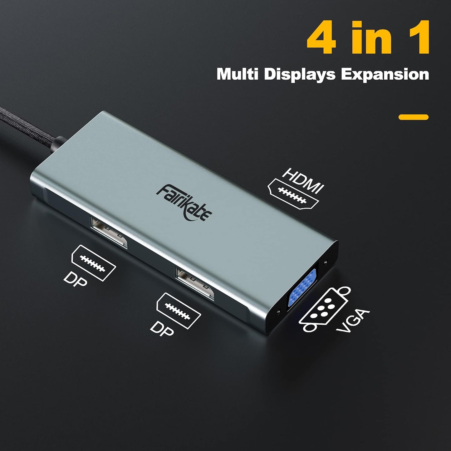 fairikabe 4in1 4K USB C Docking Station Dual Monitor Display Port Splitter, USB-C to Dual DisplayPort Hub HDMI VGA