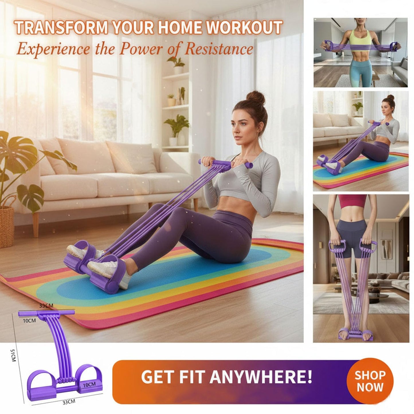 Pedal Resistance Band with Handle 8 Tube 3-in-1 Adjustable Resistance Band with 8 Levels & Foot Pedals, Sit Up Exercise Equipment,Multifunctional Fitness Band for Legs, Arms, Abs, Butt Workout at Home