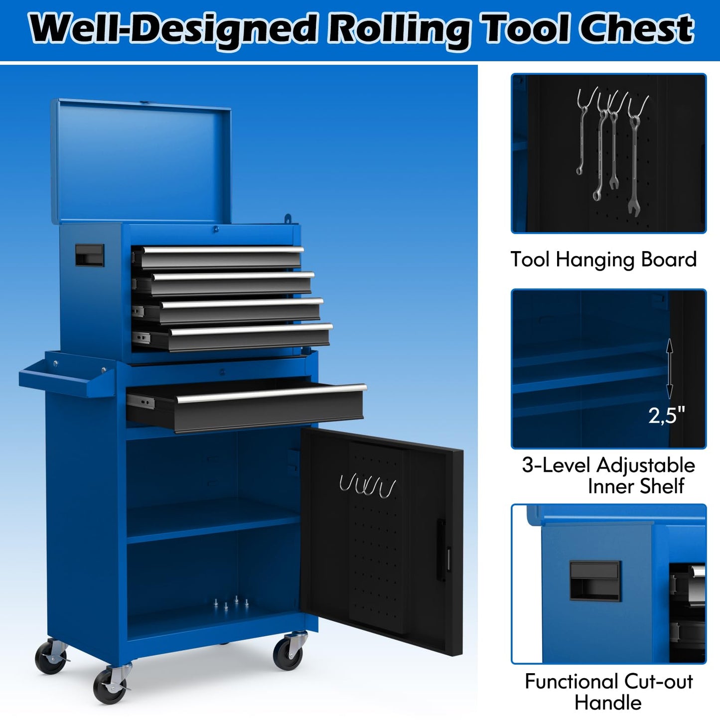 Goplus Tool Chest, 5-Drawer Rolling Cabinet with Detachable Top Toolbox, Lockable Wheels, Lock Bar, Protective Liner & Tool Rack, Metal Storage Cart for Garage Workshop