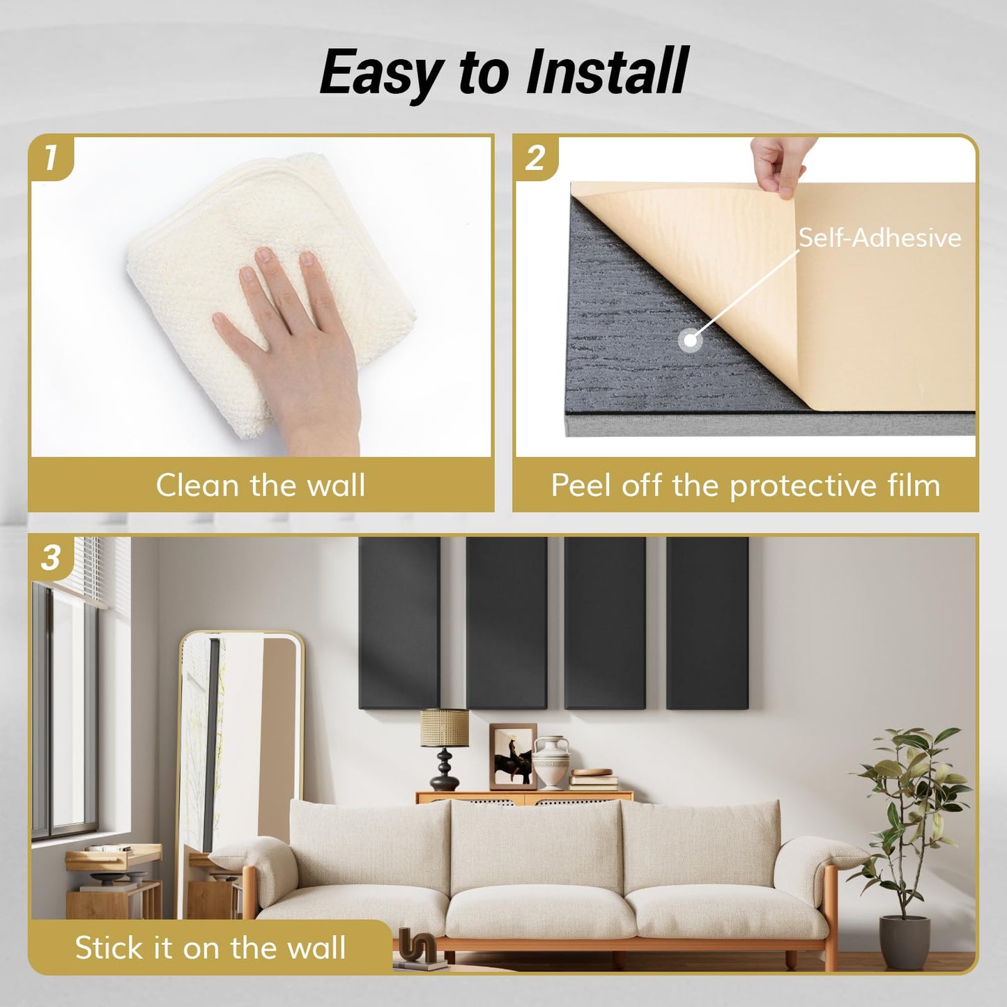 TONOR 4 PCS Large Acoustic Panel, 35.4″ * 11.8″ * 2.36″ 3D Fiberglass Sound Proof Panel with Full Self-adhesive, Decorative Echo Absorbing Wall Panel, for Studio, Living Room, Home, Office, Black