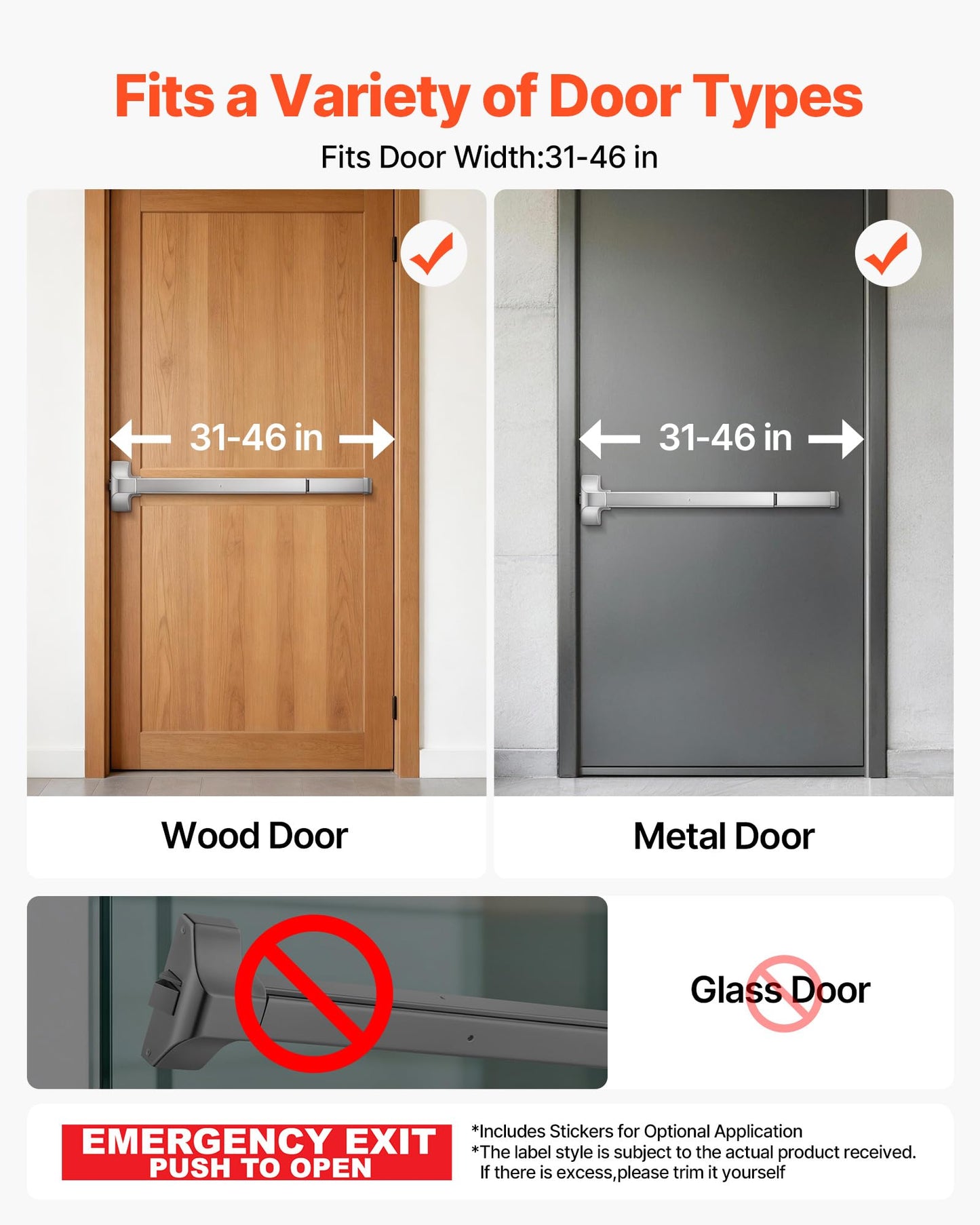 VEVOR Push Bar Panic Exit Device, 31" Stainless Steel Commercial Panic Bar for Exit Doors, Emergency Exit Door Hardware with Dual Locking Bolt and Sticker, for 31"-46" Wood or Metal Door, Silver