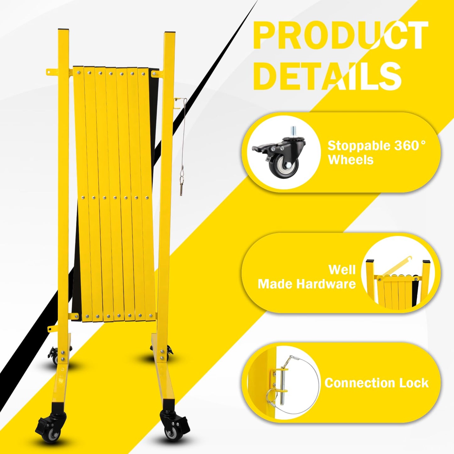 Bstyjqxh 11FT Traffic Barricade with Casters, Metal Expandable Barricade, Folding Security Gate, Retractable Fence Outdoor Barricade Fence for Construction Area, Traffic Control, Yellow