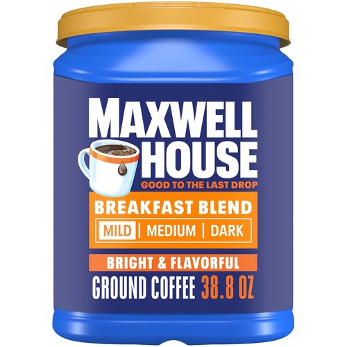 Maxwell House Breakfast Blend Ground Coffee - Mild Roast, 38.8 oz Canister for Smooth Flavor