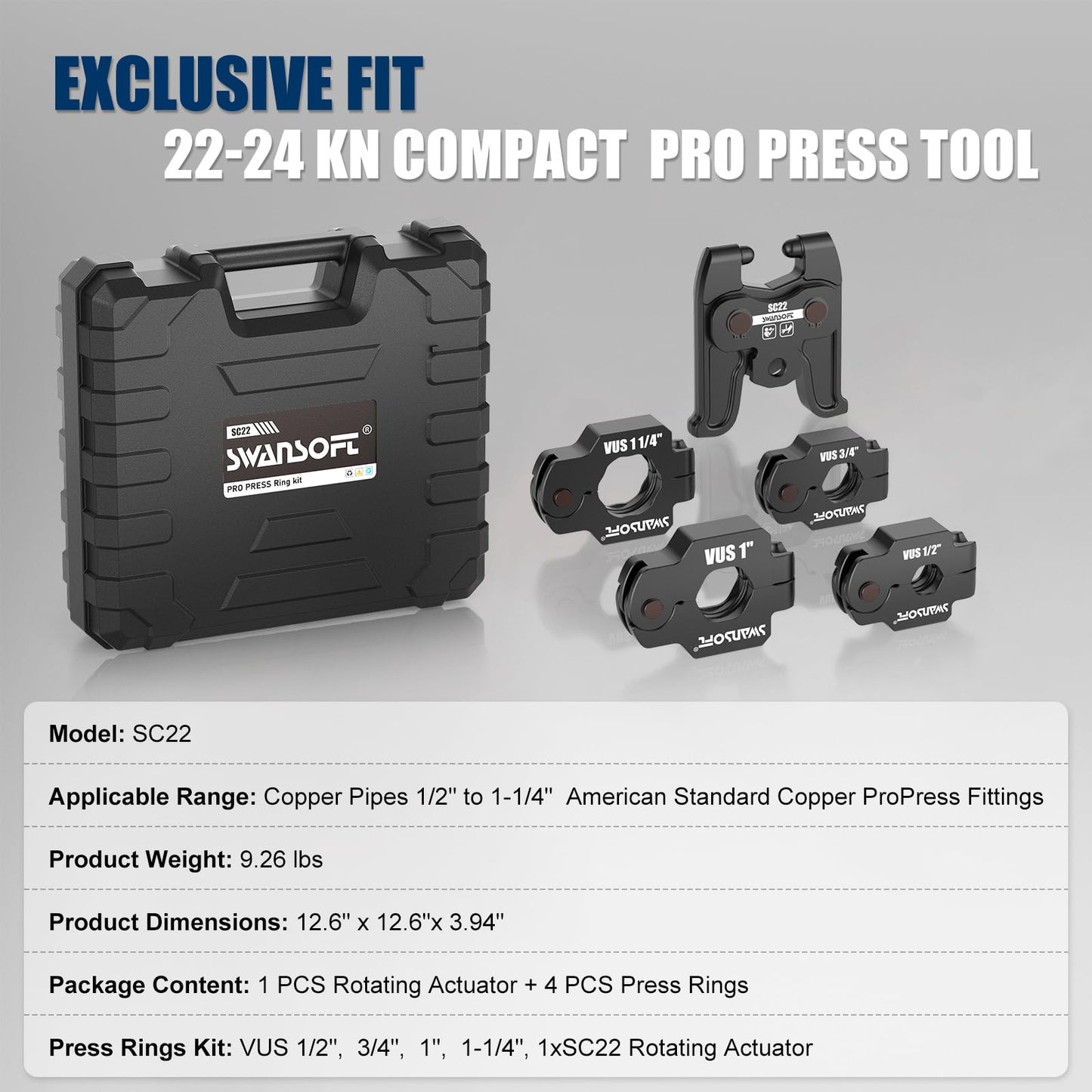 SWANSOFT SC22 Copper Press Rings Kit - 4Pcs Press Rings 1/2" To 1-1/4" Rings & 180° Rotating Actuator Suit for Narrow/Tight-Angle Pressing Solution | Fits 22-24kN Compact Pro Press Tools &Storage Case