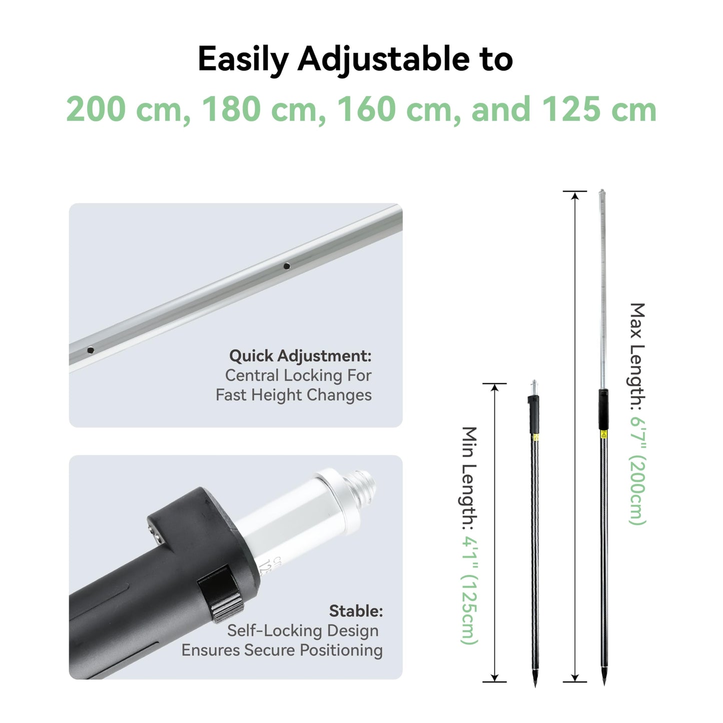 Self-Locking Survey Pole, Carbon Fiber & Aluminum Lightweight GPS Rover Pole, 5/8" Thread, Adjustable Height 125-200 cm (49-79"), Compatible with DJI, SingularXYZ & Most RTK Rover Systems