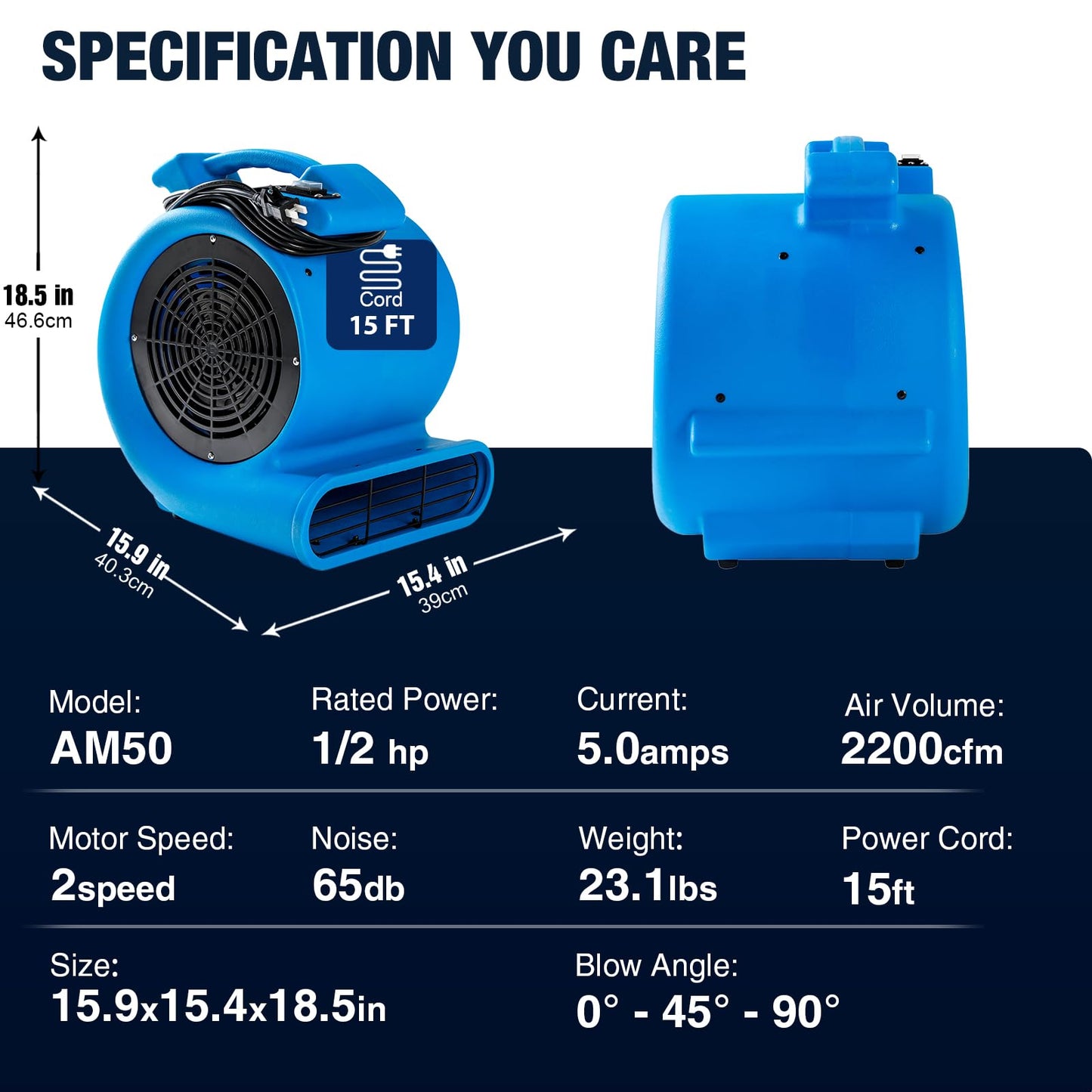 Mounto 1/2hp Air Mover Floor Drying Blower Fan - Powerful 1/2HP Motor Carpet Dryer, 2200 CFM Air Flow, Lightweight Design, 2-Speed Settings for Drying, Cooling & Circulation
