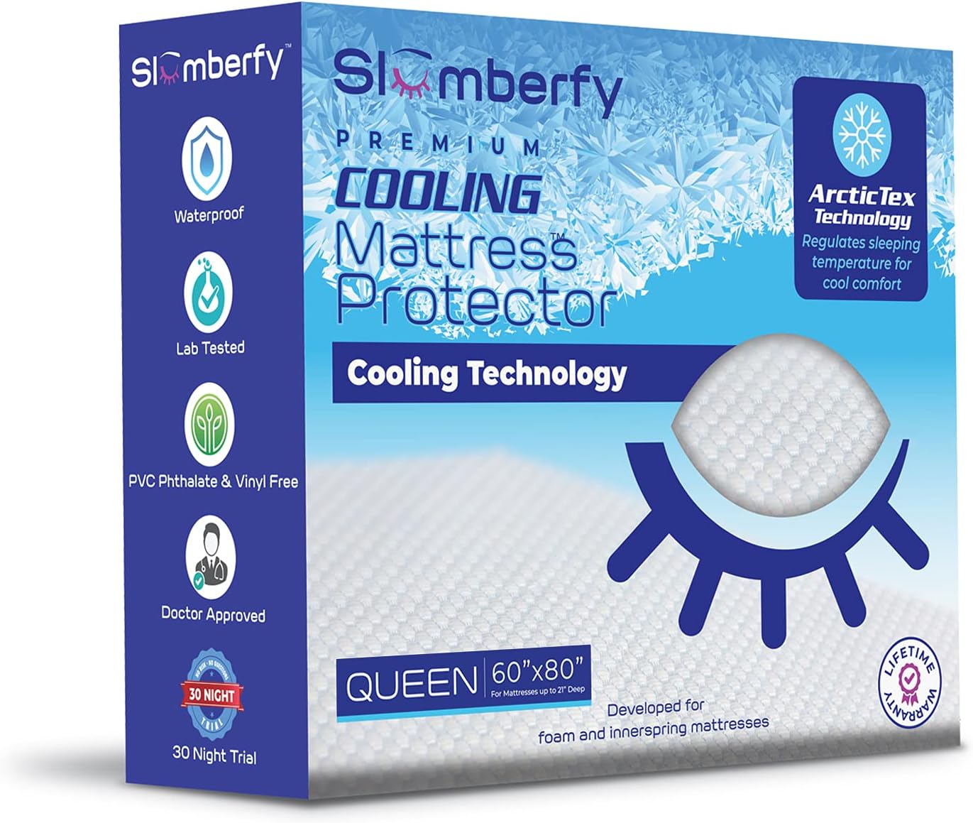 Slumberfy Queen Size Waterproof Cooling Mattress Protector - Premium Skin-Safe Cover with ArcticTex Technology | Noiseless Quilted Design – 60x80 in.