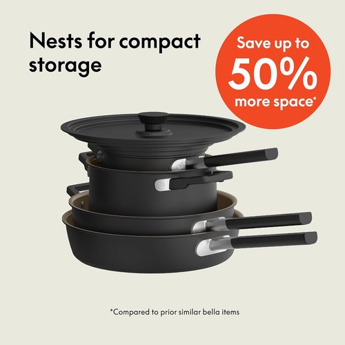 Bella 9-Piece Nonstick Ceramic Cookware Set - Dishwasher & Oven Safe | Stackable Design, Black