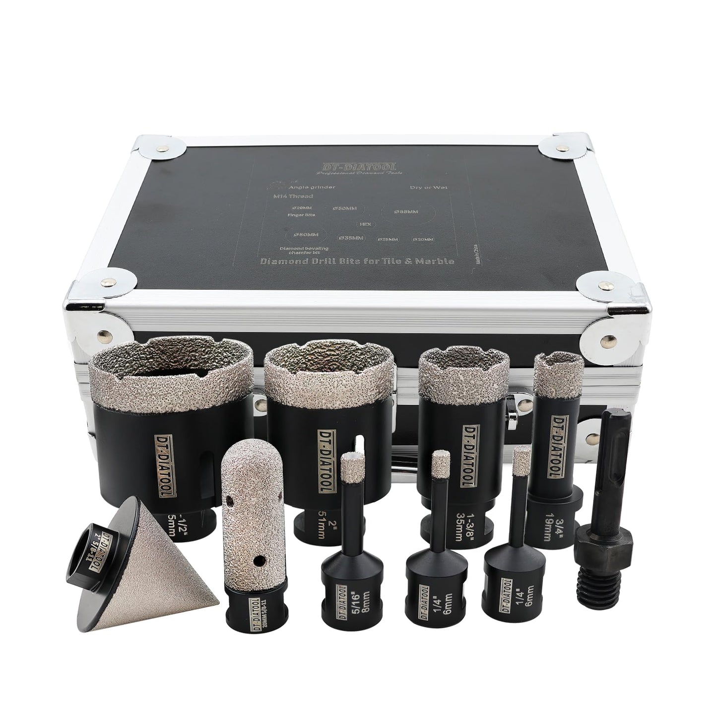 Diamond Tile Hole Saw Kit 10-Pack, DT-DIATOOL Diamond Core Drill Bits Set 6/6/8/19/35/51/65mm+20mm Finger Bit+50mm Chamfer Bit+SDS Adapter for Porcelain Ceramic Tile Marble Granite