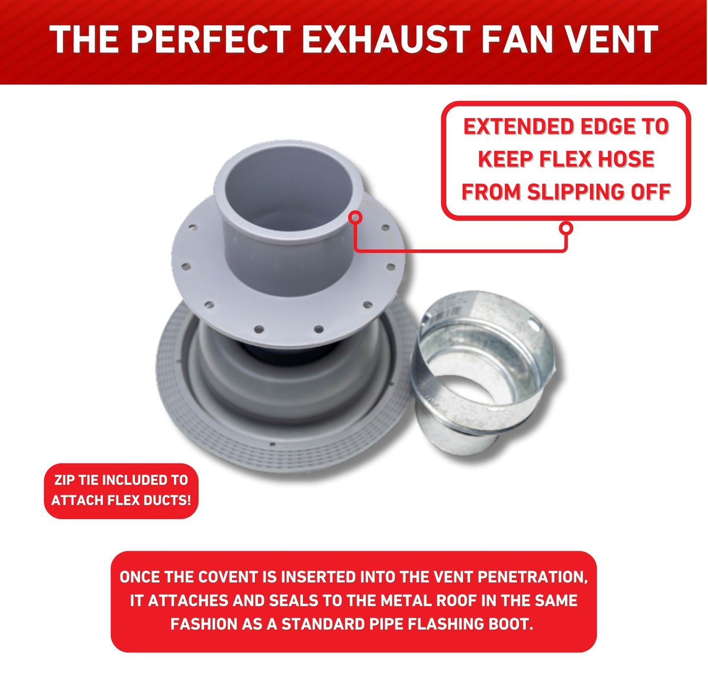 Covent Metal Roof Exhaust Fan Vent for 3"-4" Flex Hose Exhaust - Full Installation Kit and Adapter Included (Black)