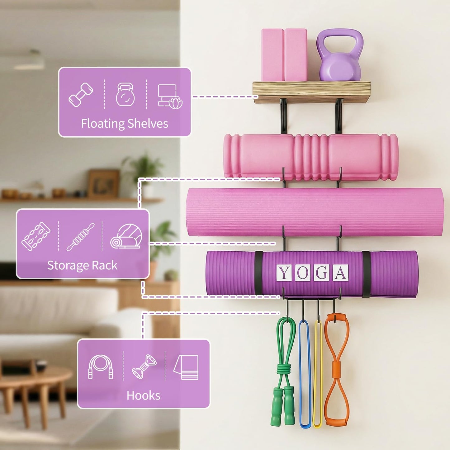 Bikoney Yoga Mat Holder Wall Mount Yoga Mat Storage Home Gym Accessories with Wood Floating Shelves and 4 Hooks for Hanging Foam Roller and Resistance Bands Fitness Home Gym Carbonized Black