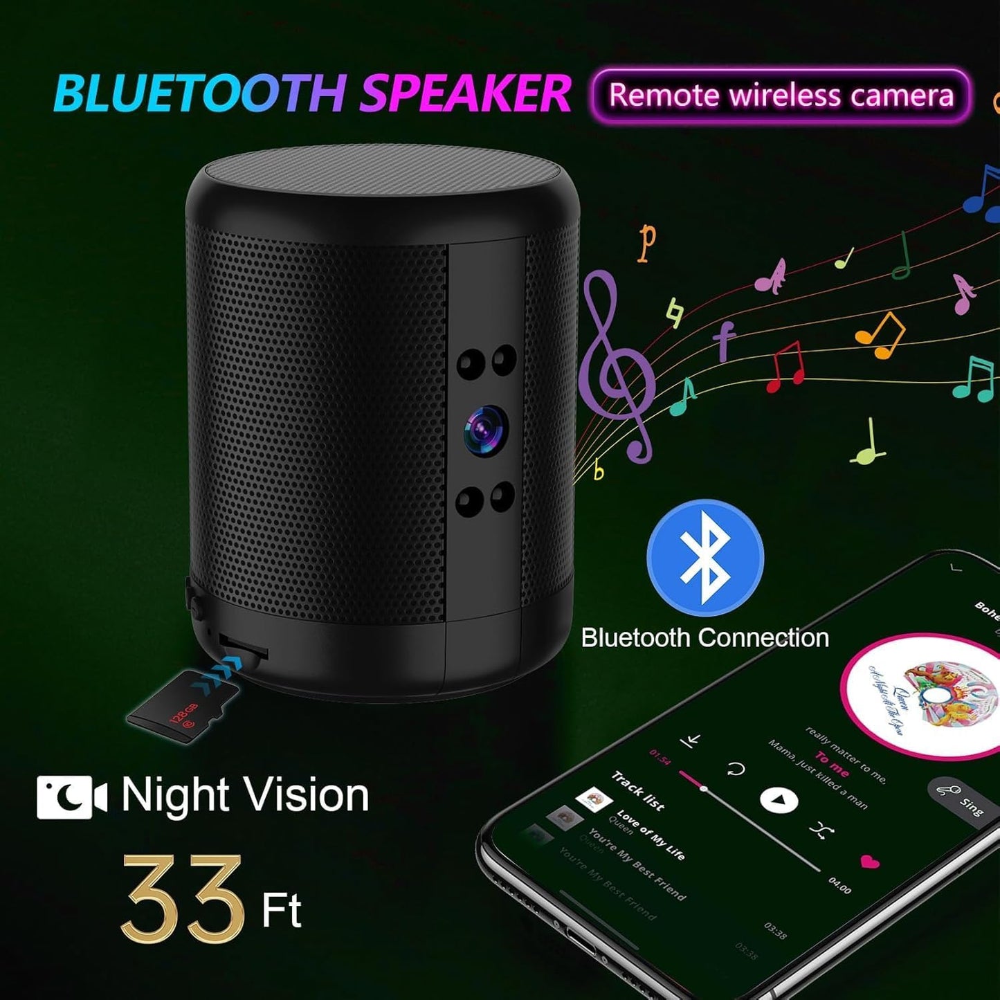TnoxHD 24/7 Indoor Camera Bluetooth Speaker, HD Wireless Home Security Camera with Night Vision, Motion Detection