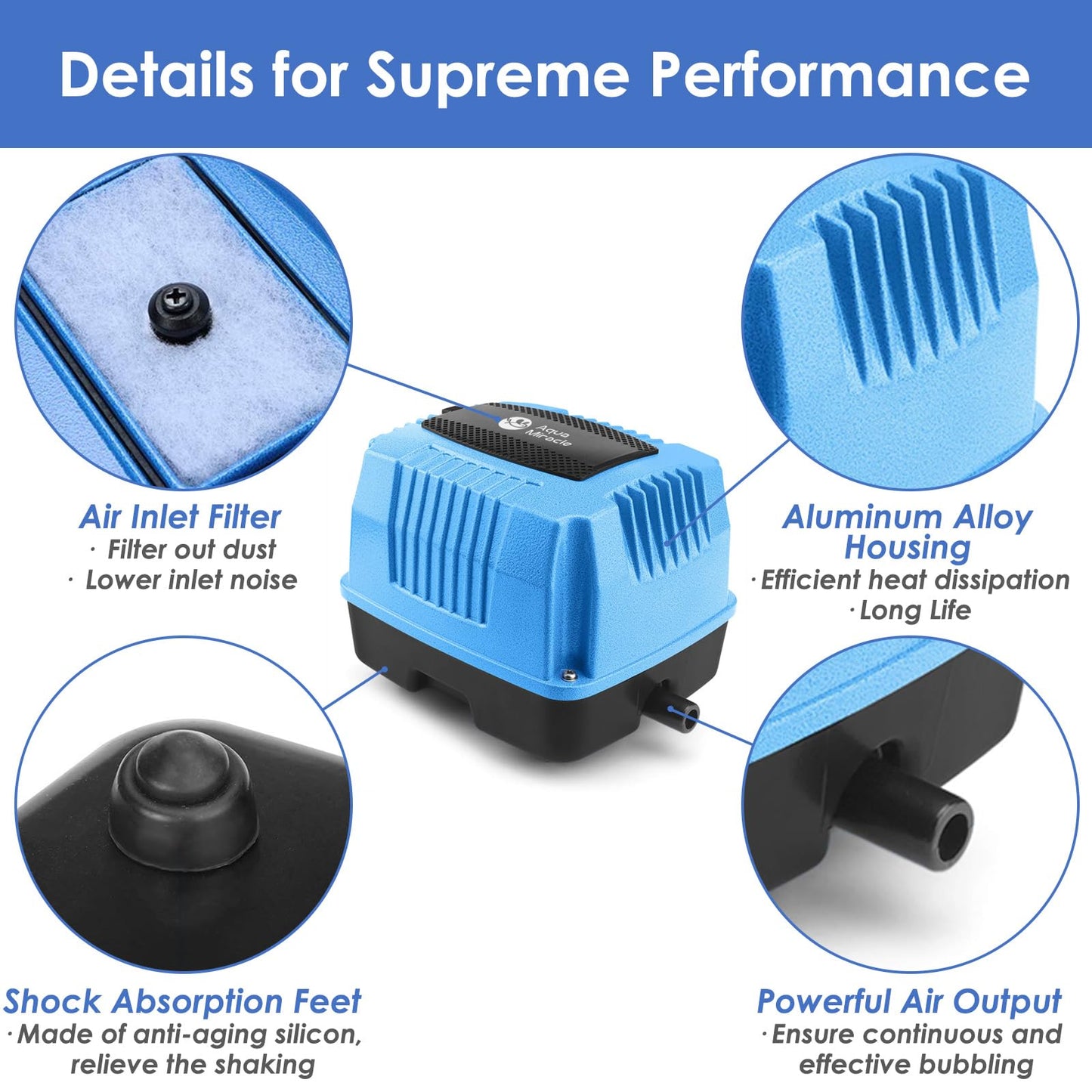 AquaMiracle Super Powerful Linear Air Pump AP-80 Pond Aerator, 1350GPH Koi Pond Air Pump Septic Aerator, for Hydroponic, Waste Treatment, Fish Farm, Seafood Restaurant