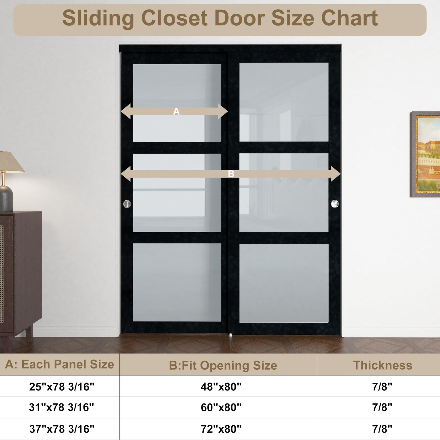 BARNSMITH 60x80" Sliding Closet Door, 3-Panels Preassembled Frosted Glass Door Panel with Hardware Kits & Matching Fascia, MDF Covered with Water-Proof & Anti-Scratch PVC Surface, Black