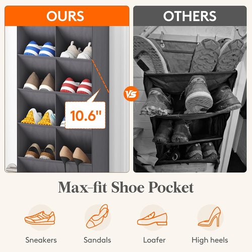Lifewit 6-Tier Over The Door Shoe Organizer - 11 Large Deep Pockets for Up to 12 Pairs - Gray Fabric Storage Shelf