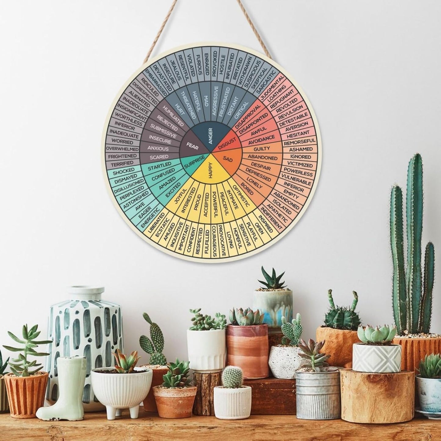 Poacnip Feelings Wheel Wall Decor - Mental Health Emotions Chart | 12-Inch Round Wood Sign for Therapy & Counseling