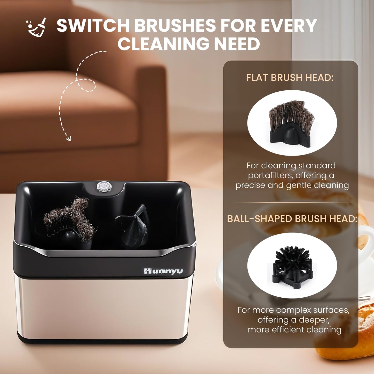 Huanyu Electric Coffee Bean Grinder 250G Automatic Burr Grinder Green and Huanyu Electric Espresso Portafilter Cleaner with Dual Brush Heads and Three Scrapers Bundle