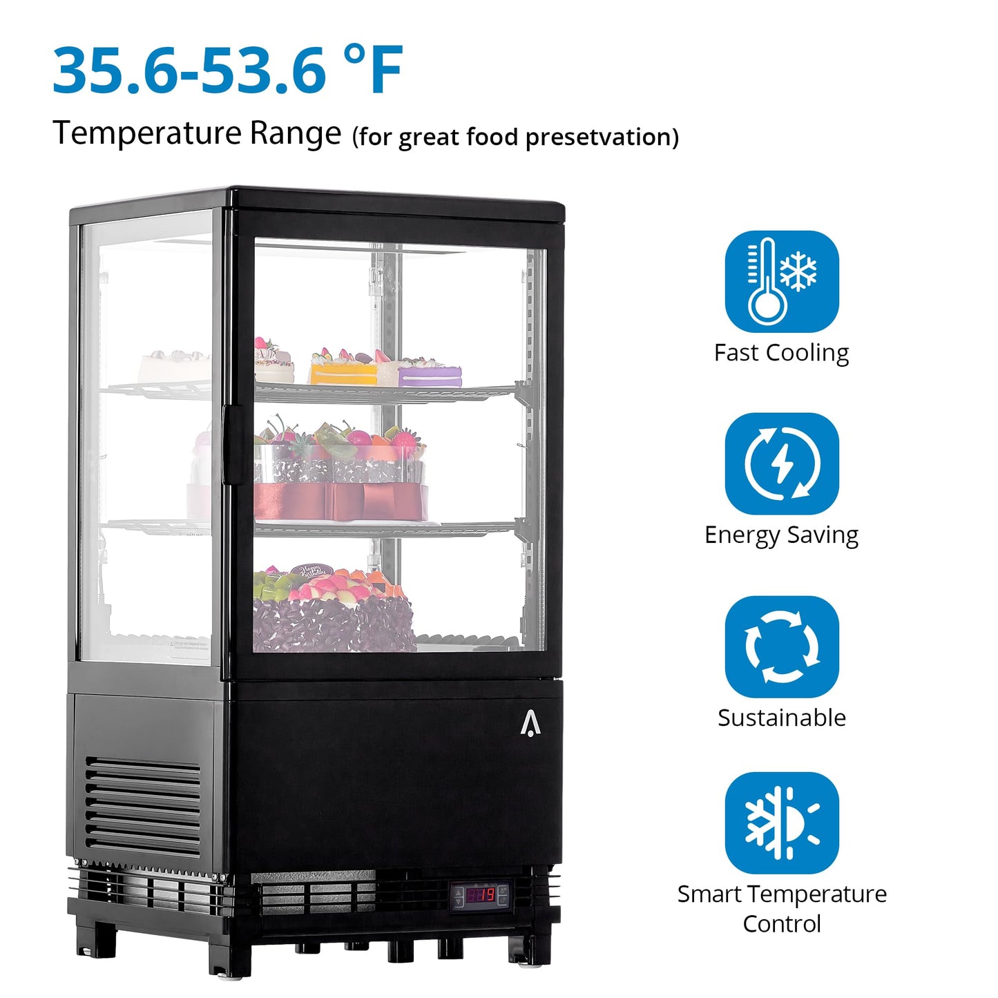 Commercial Refrigerator Display Case, 2.1 Cu.FT Single-Door Display Fridge, Display Case with Interior LED Lighting, Double-Layered Glass Commercial Countertop Bakery Display Refrigerator, 110V
