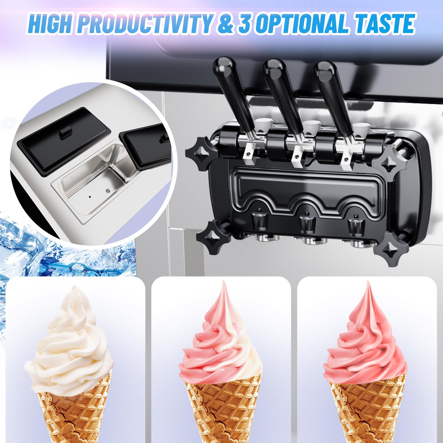 2200W 2+1 Flavor Commercial Soft Ice Cream Maker Machine, 5.8-8 Gal/Hr Countertop Soft Serve Machine with LCD Display, Auto Clean High Productivity for Restaurant