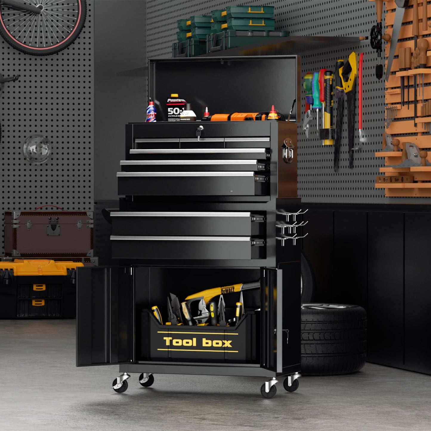 Superday Metal Tool Chest, 8 Drawer Rolling Tool Chest with Wheels, Detachable Tool Storage Cabinet with Lock for Garage, Assembled Steel Tool Cart with Liner & Hooks for Workshop, Warehouse (Black)