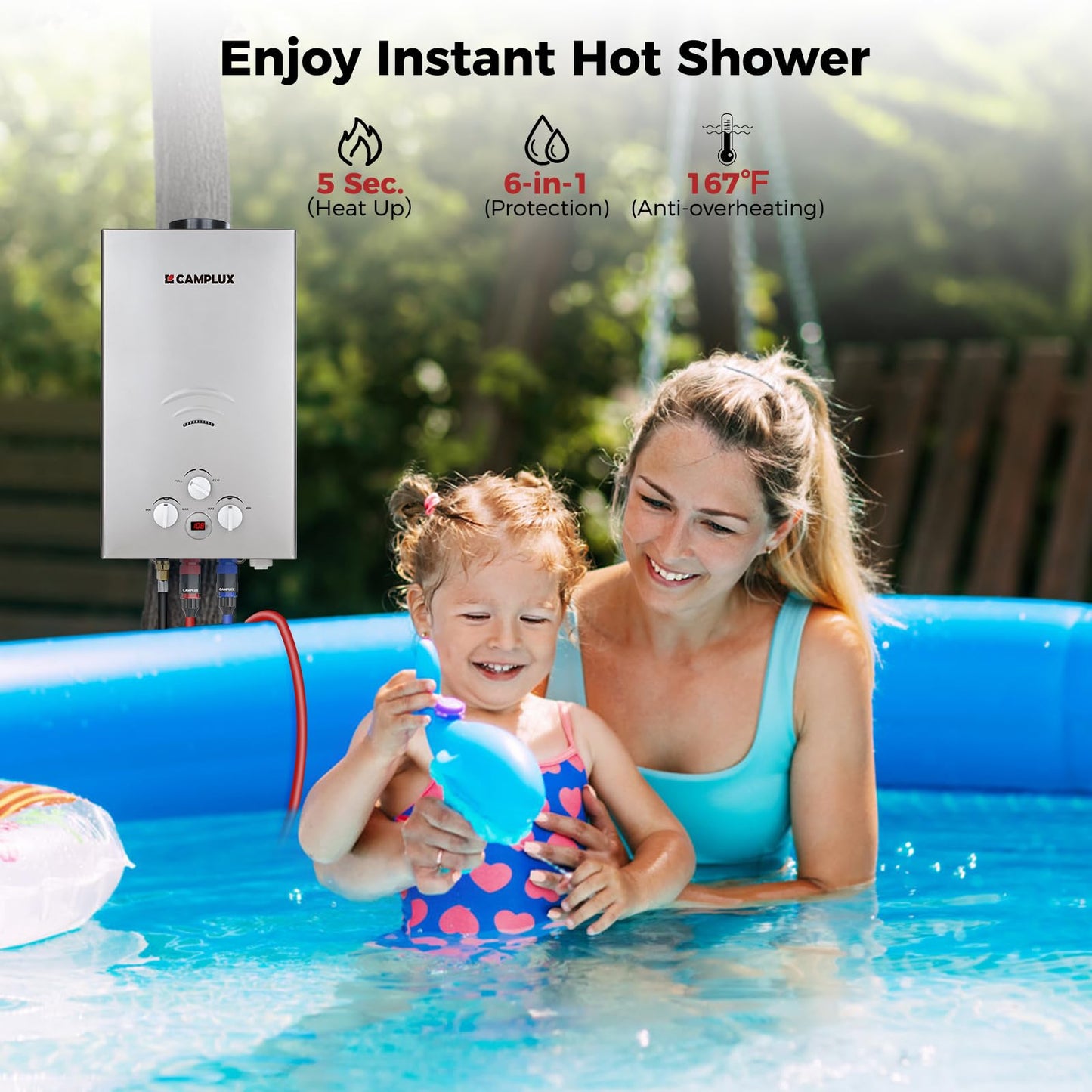 CAMPLUX Tankless Water Heater - 2.64GPM Portable Propane Heater for Off Grid, Camping, Outdoor Shower - 68,000 BTU - BW264G - Gray