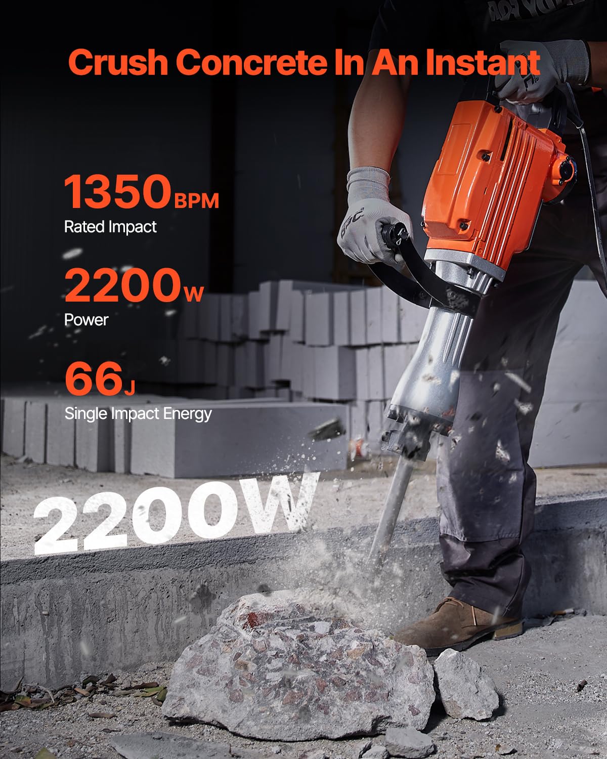 VEVOR Demolition Jack Hammer, MAX 2200W Electric Jackhammer Heavy Duty, 1350 BPM Concrete Breaker 2pcs Chisels Bit Chipping W/Case