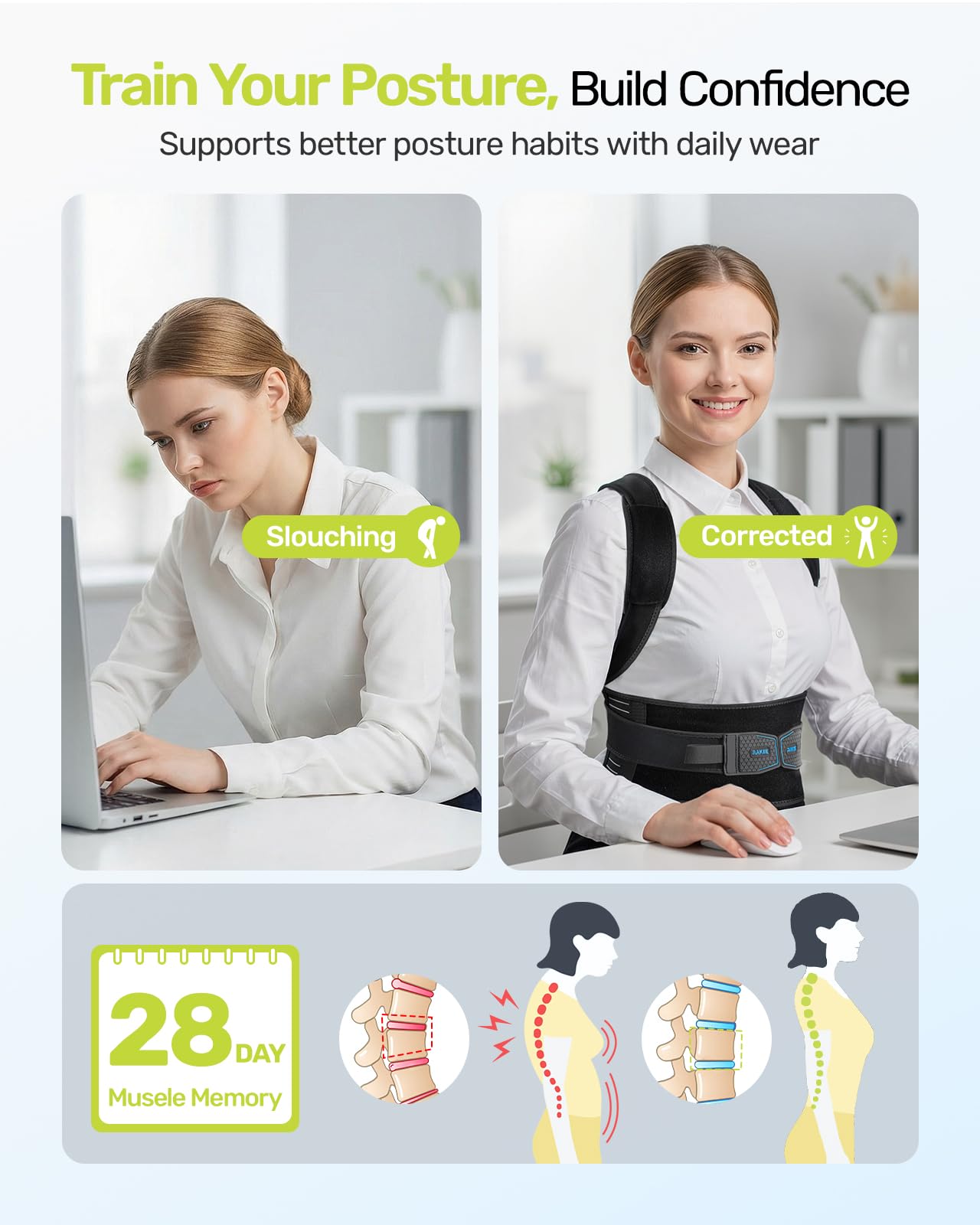Rakiie Posture Corrector for Women Men, 4 Back Support Brace Bars, Adjustable Shoulder Straightener with Cushioned Pads for Hunchback, Round Shoulders, Back Pain Relief, Blue M