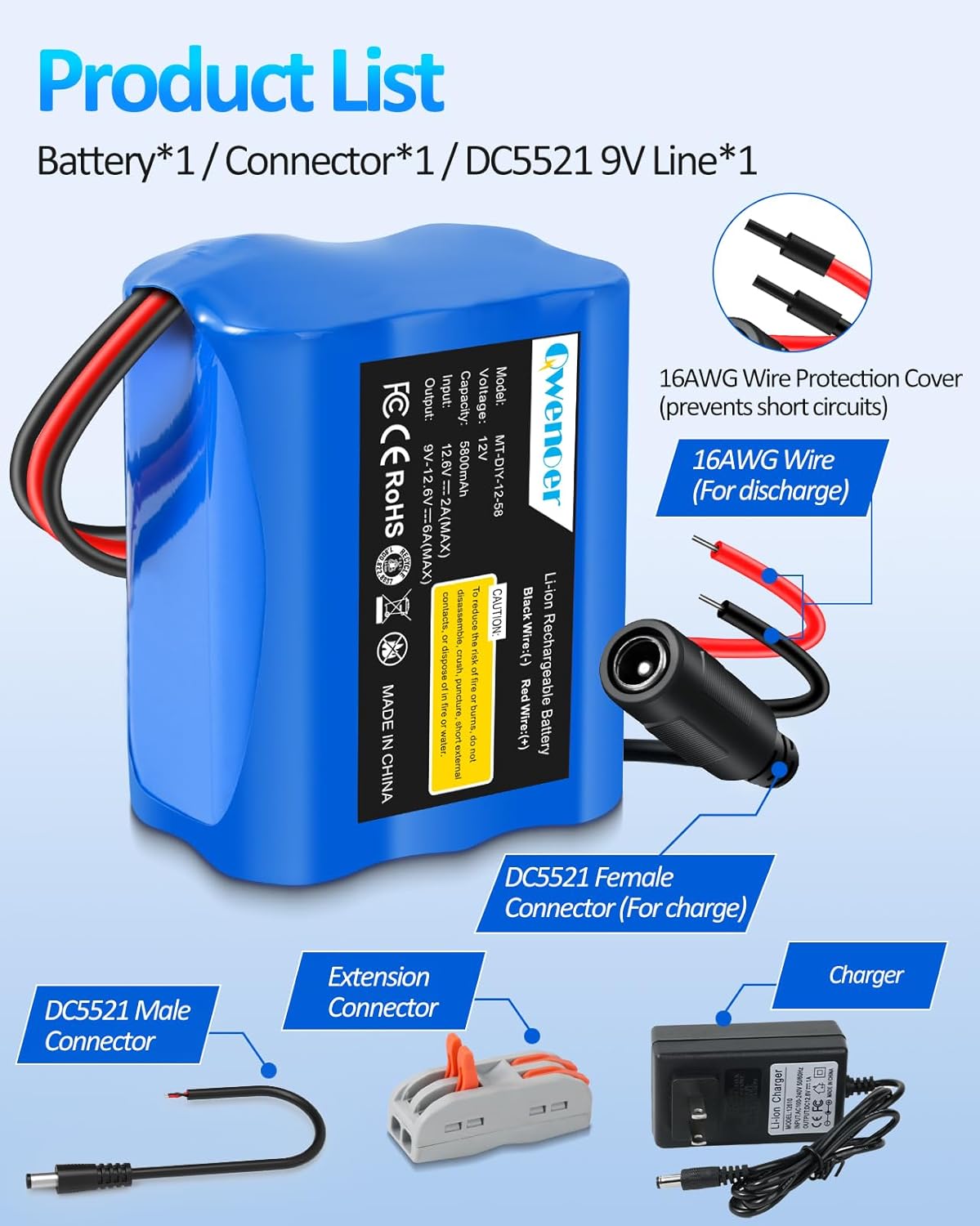 Qwenoer 5800mAh 12V 12V Pack 12 12Volt 12 Lithium Battery, Battery with Volt Battery Charger and Bare Leads Wire