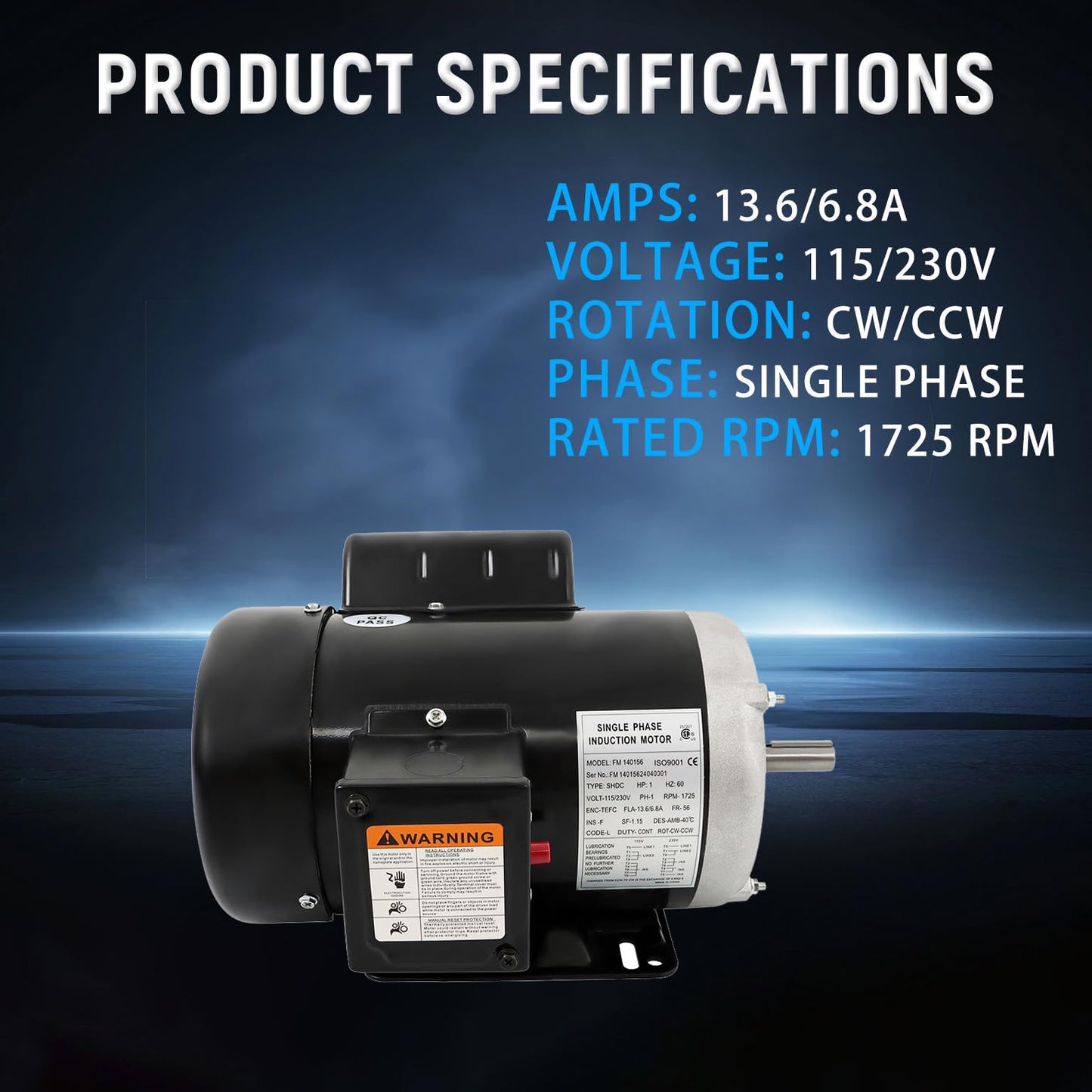 mitoharet 1 HP Electric Motor 1725RPM 115V/230V 13.6/6.8A 56 Frame CW/CCW for Agricultural Equipment Farm Duty Single Phase Motor