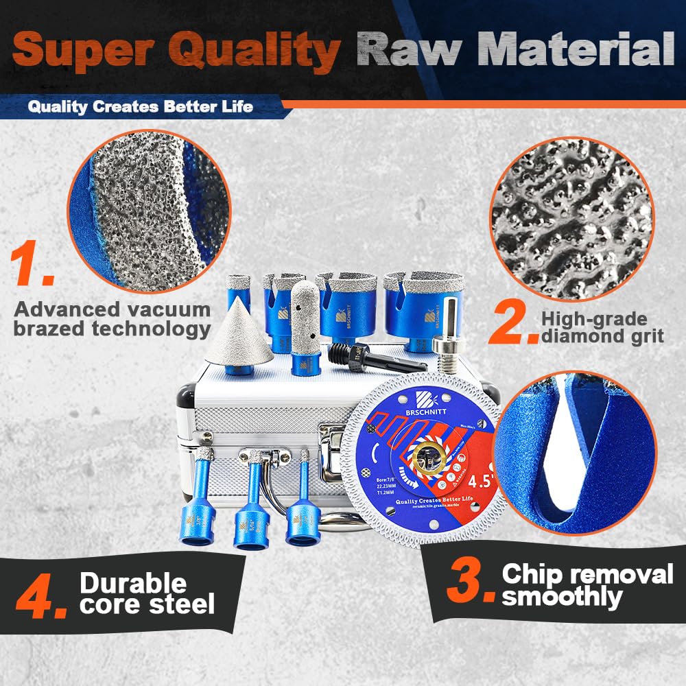 Diamond Core Drill Bit Set - BRSCHNITT Tile Hole Saw Kit 1/4" 5/16" 3/8" 4/5" 1-3/8"2" 2-1/2" & 4/5" Finger Bit & 2" Chamfer Bit for Porcelain Tile Ceramic Marble Granite & Diamond Blade