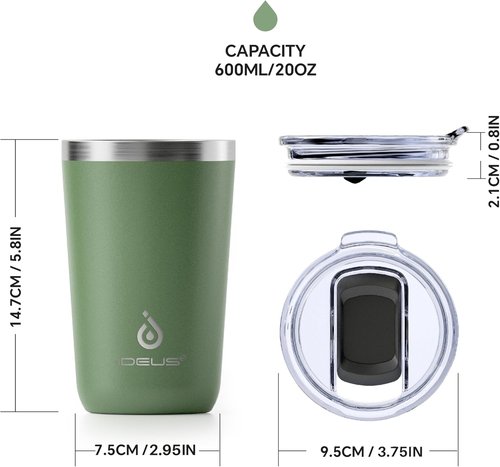Ideus 20 oz Travel Coffee Mug - Double Wall Stainless Steel Insulated Tumbler with Splash Proof Lid | Avocado Green
