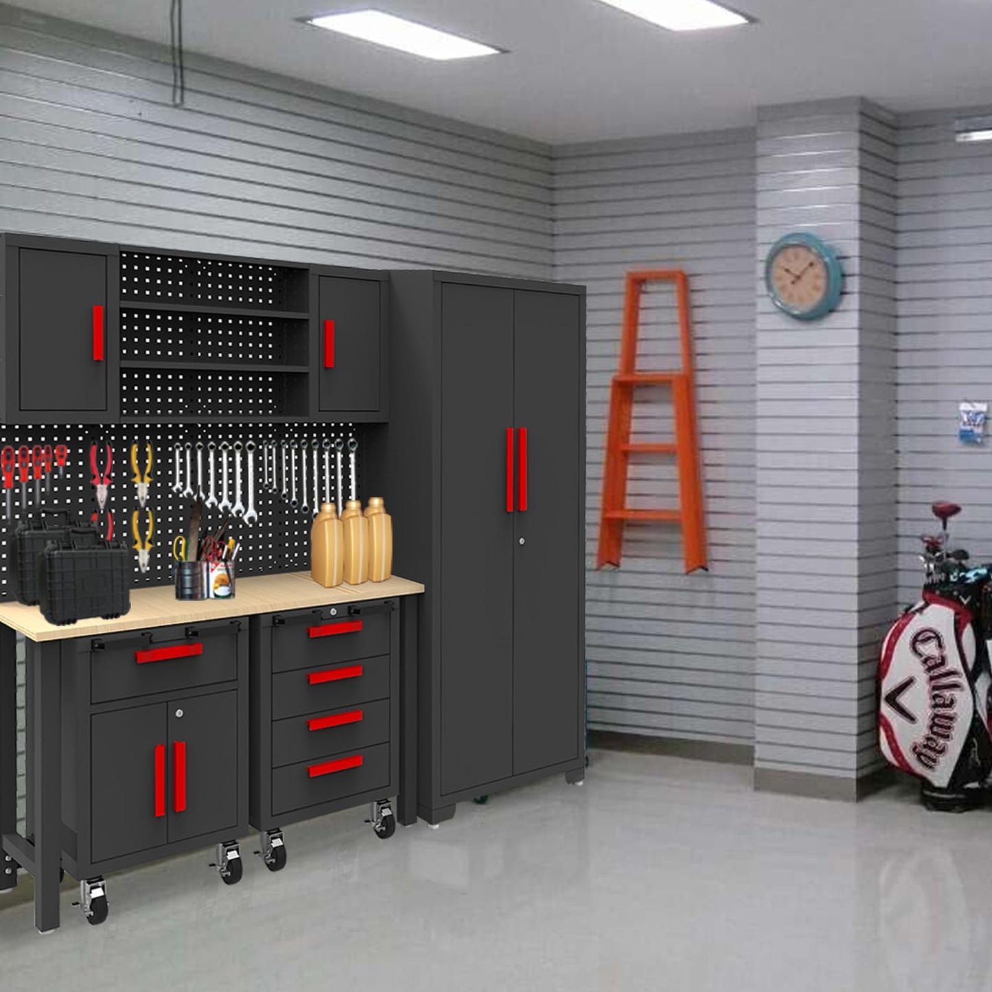 TCE 6 Piece Garage Cabinets Storage System: Includes Steel Cabinets, Drawers, Rolling Chest and Pegboard, Garage Workbench with Storage - Perfect for Organizing Garage and Tools, Black