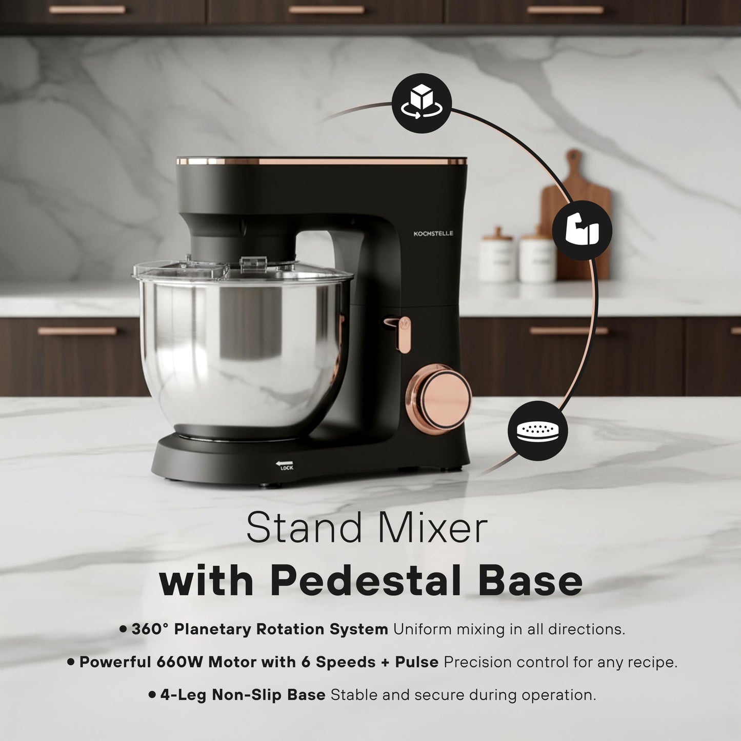 KOCHSTELLE Black Electric Stand Mixer 6.8 Quart Qt, 660W, 6-Speed Adjustable, Stainless Steel Planetary, Portable, Compact & Elegant Kitchen Mixer for Baking & Cooking