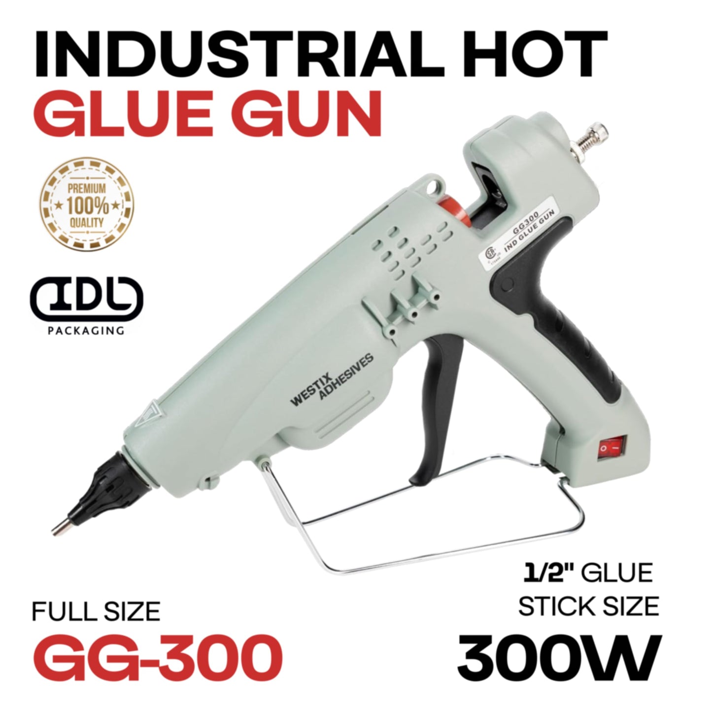 IDL Packaging GG-300 Industrial 300W Full Size Hot Glue Gun for 1/2" Glue Sticks - Super Fast Heating - Heavy-Duty Large Electric Glue Gun for Construction, Carpentry, DIY, or Repairs